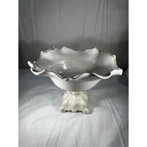 Vashti 1966 Large Porcelain Bowl Ruffle Pedestal Ivory Vintage Decor 60s 4" Base